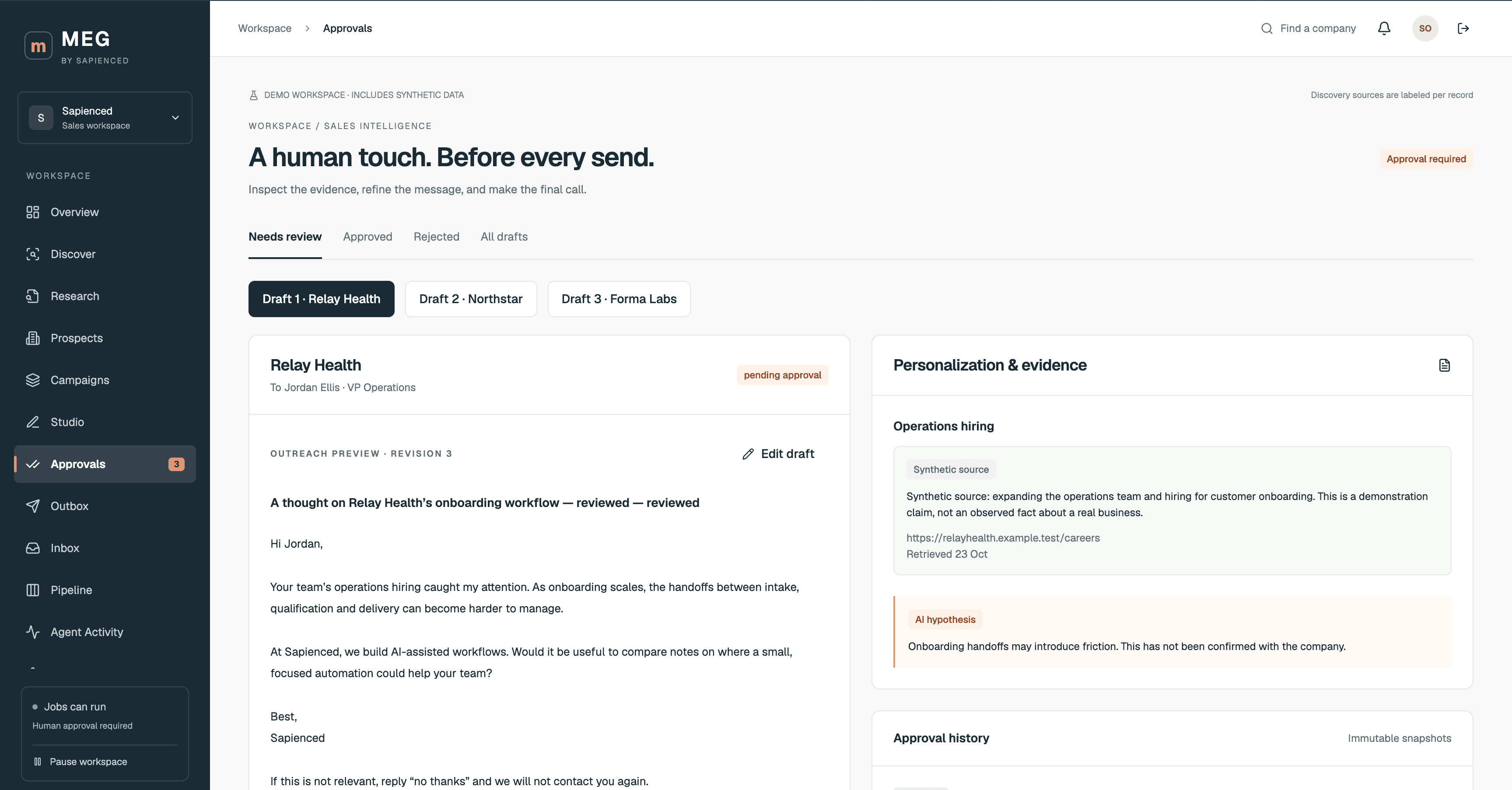 MEG approval workspace showing a draft beside the evidence a person reviews before sending